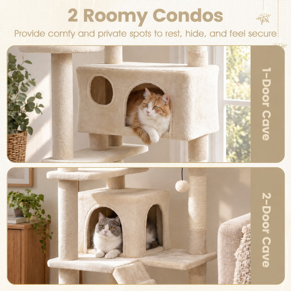 Airfind 52 Inch Tall Cat Tree Tower for Indoor Cats, 22 lbs Capacity, Engineered Wood Sponge Plush Fabric Sisal Frame, Beige