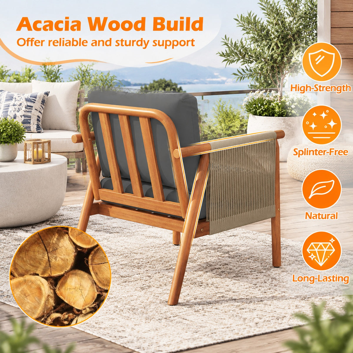 AIRFIND Acacia Wood Patio Chair, Outdoor Lounge Seat with Woven Rope Armrests and Removable Back and Seat Cushions, Gray