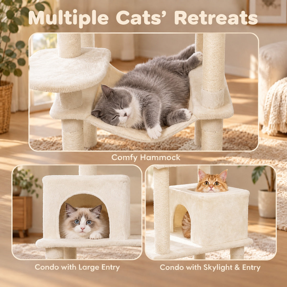 Airfind Multi-level Cat Tree Modern Cat Tower with Upholstered Perch and 2 Cat Condo, 24 x 18.5 Footprint, Beige