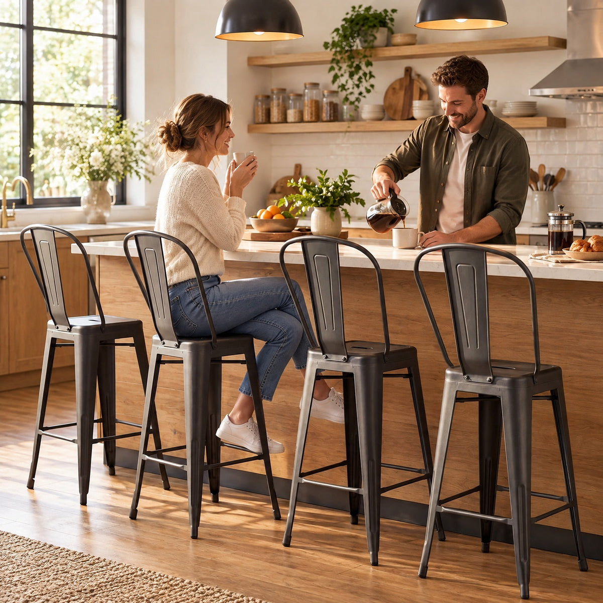 Airfind Set of 4 Metal Bar Stools with Backrests and Footrests, 350 Lbs Capacity, Metal, 18 Inch X 17.5 Inch X 40.5 Inch for Convenient Everyday Use, Gun Metal