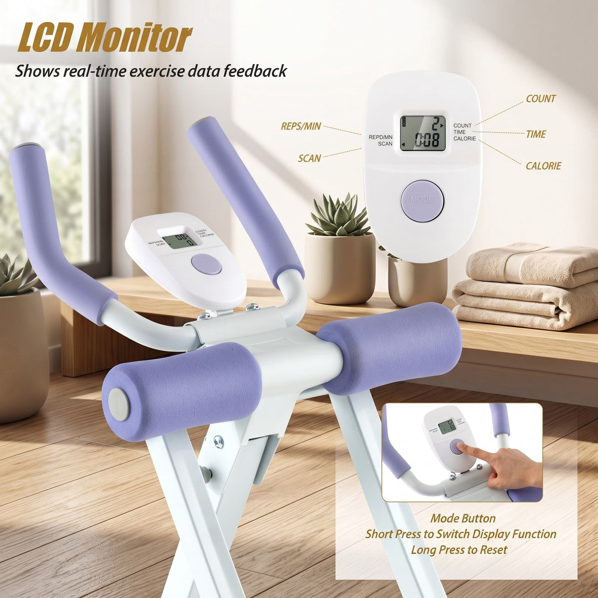 Airfind Ab Machine Abdominal Trainer with LCD Monitor, 4 Adjustable Heights, Foldable Full Body Core Workout Glider Exerciser for Home Gym, 330 LBS Capacity, Purple