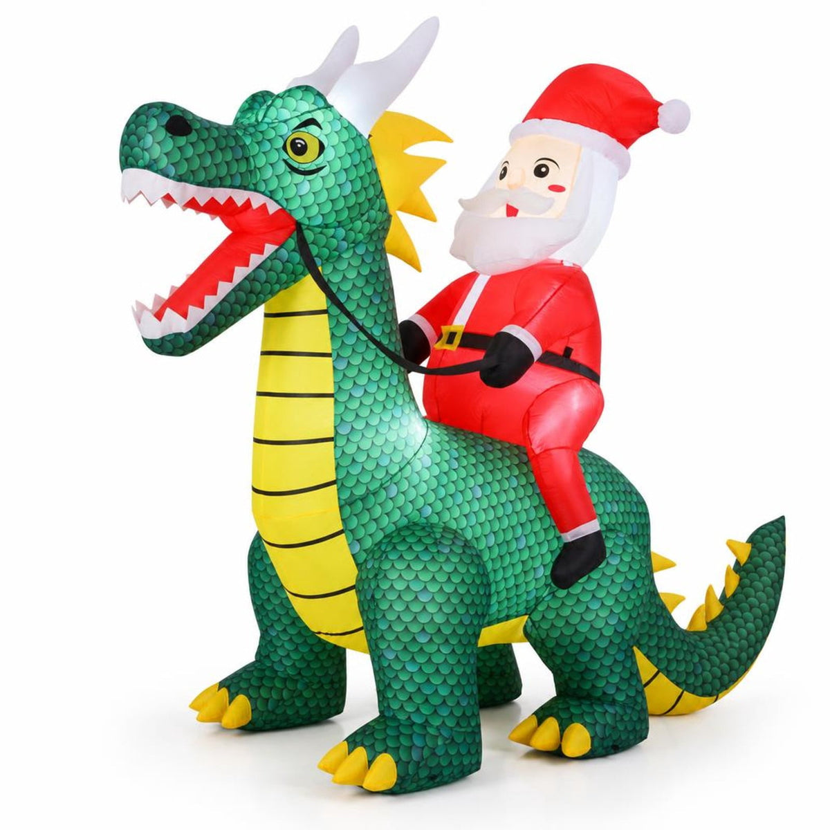 Airfind 6.7 Feet Christmas Inflatable Santa Claus Ride on Dinosaur with Built, Polyester Fabric Frame, 6.7 ft x 3 ft x 6 ft Footprint, Multi-color