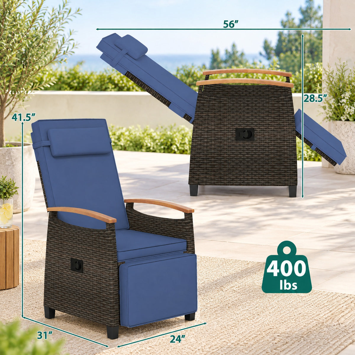 Airfind Patio Wicker Recliner Chair with Adjustable Backrest and Footrest, 400 lbs Capacity, PE Rattan Acacia Wood Polyester Sponge Metal Frame