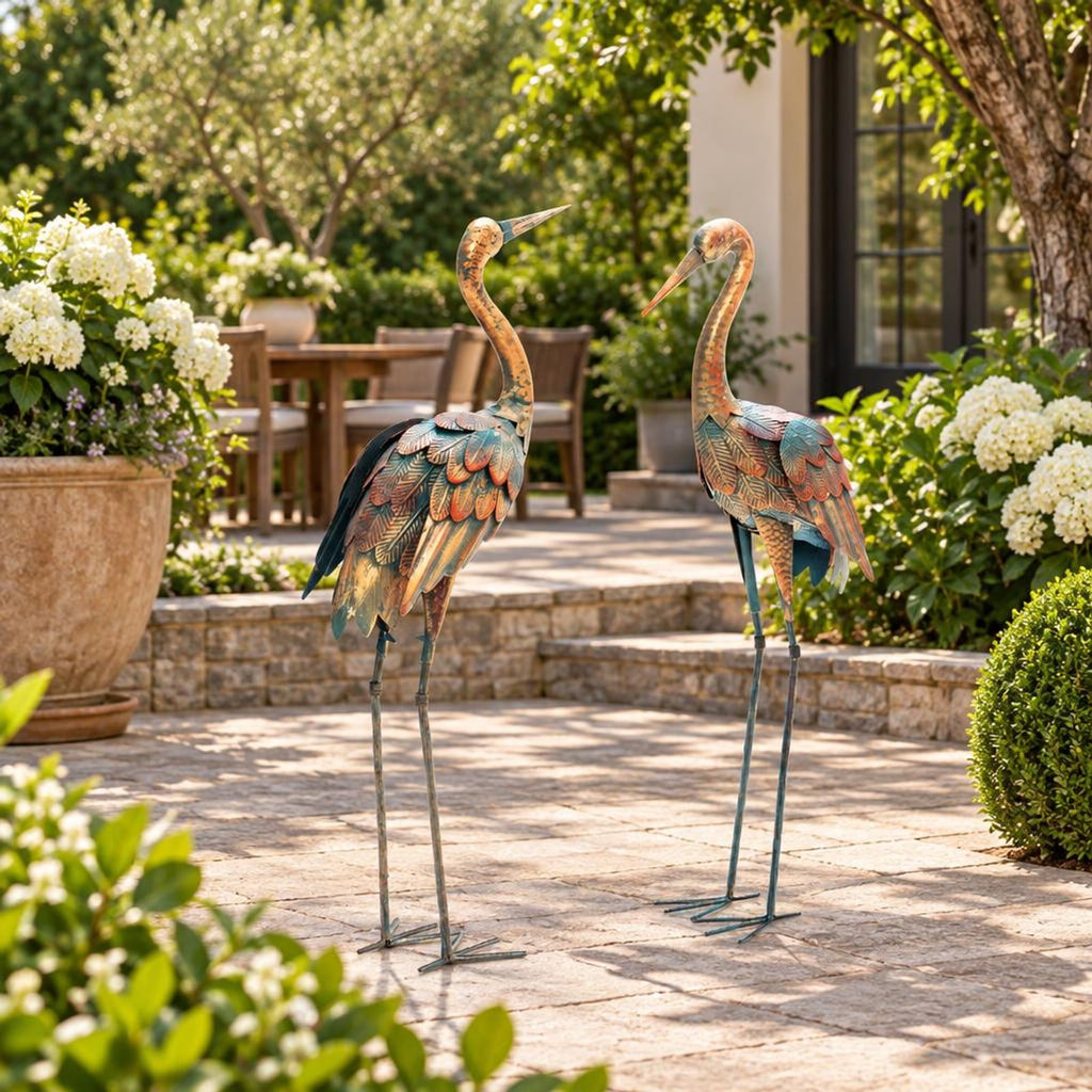 Airfind Set of 2 Crane Garden Statues Standing Metal Crane Sculptures Bird, Metal Frame, 2 standing lawn sculptures in total