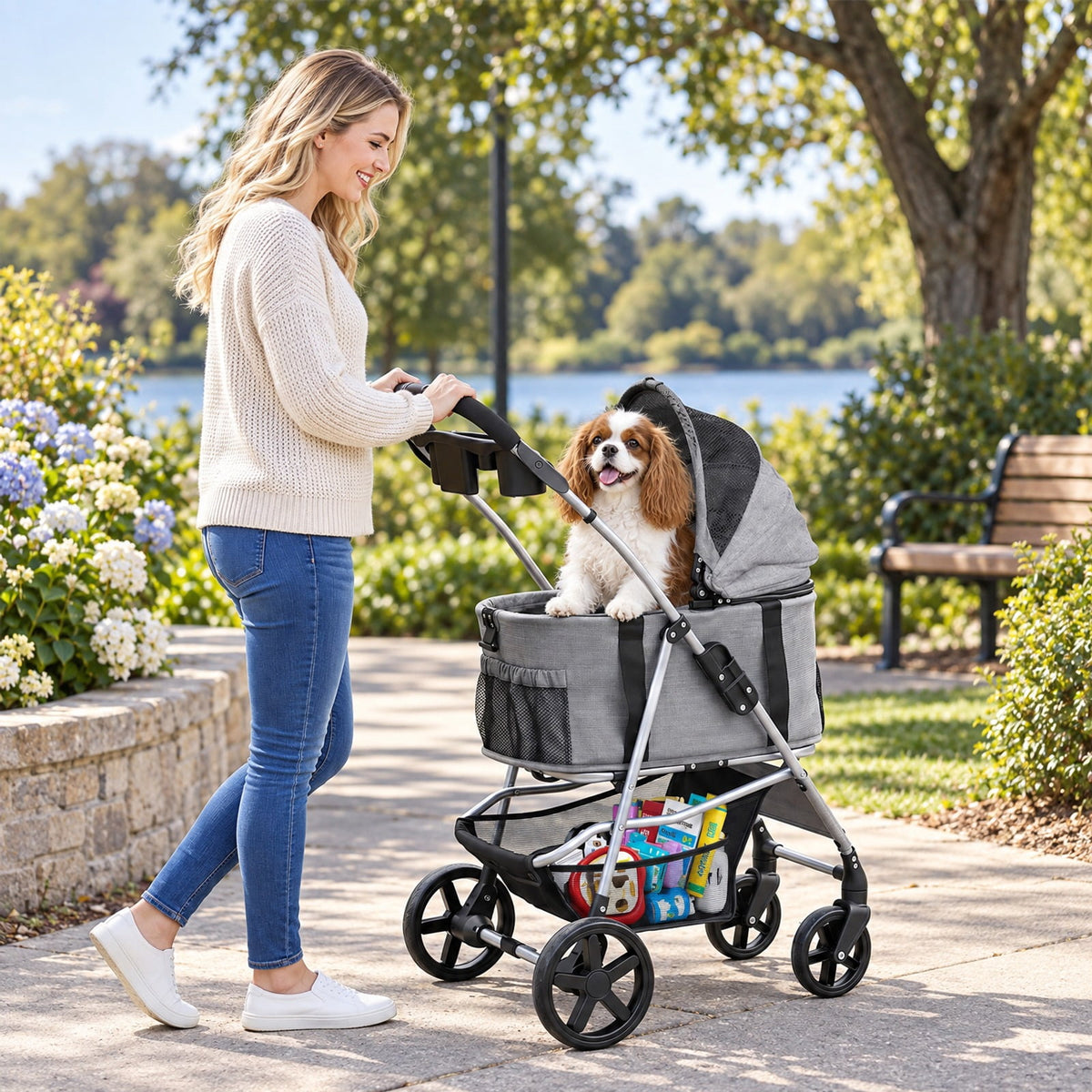 Airfind 3-in-1 Pet Stroller for Small Medium Dogs Foldable with Detachable Carrier, 26.5 lbs Capacity, 18.5in x 28.5in x 39.5in Footprint, Grey