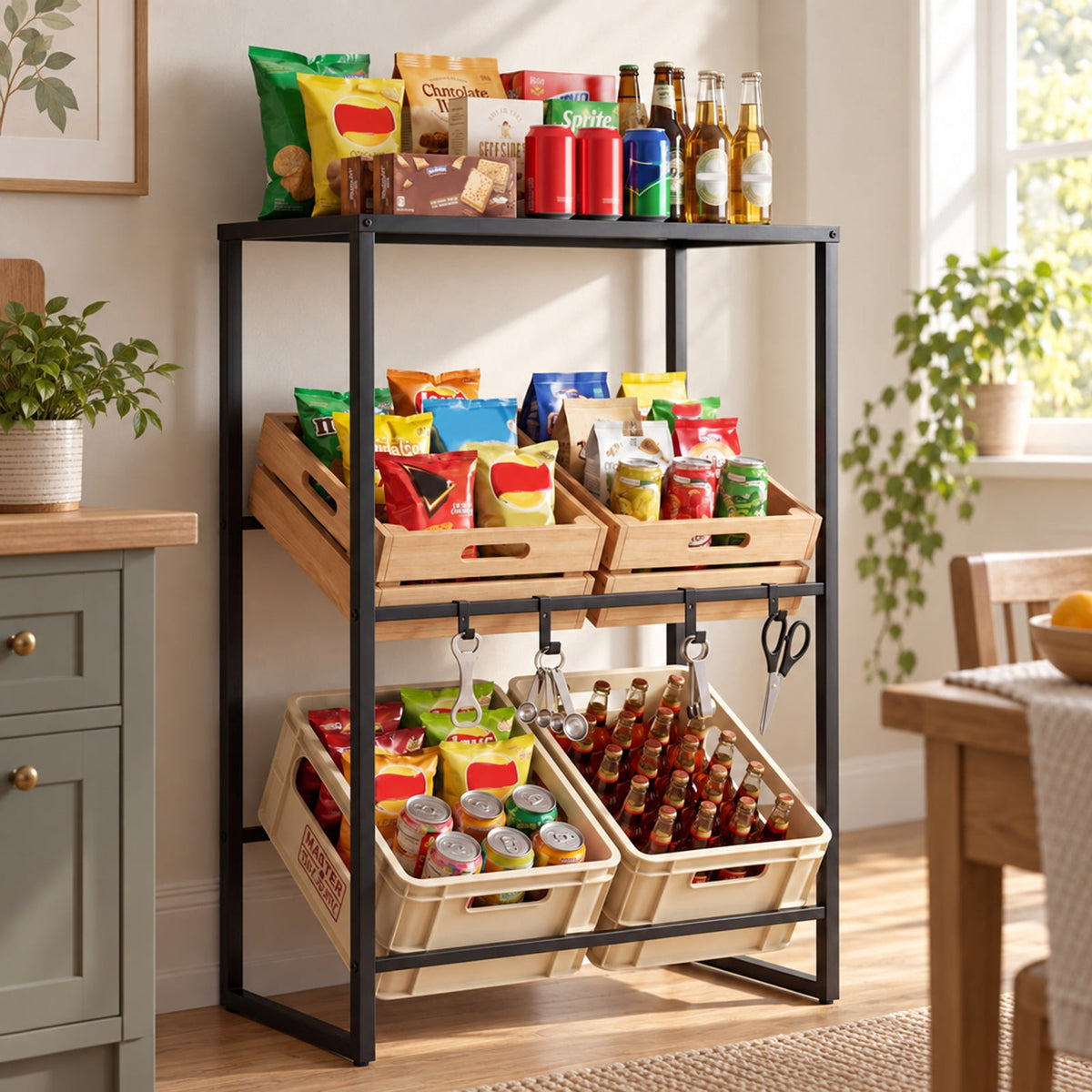 Airfind 3-Tier Drink Crate Rack with Shelf for Beer and Water for Kitchen and Garage, 44.1 lbs Capacity, Metal Frame, Black