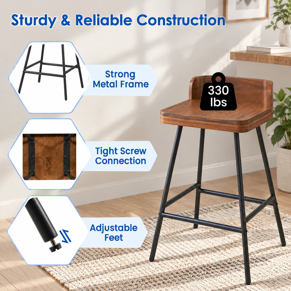 Airfind Set of 4 24 Inch Industrial Rubber Wood Bar Stool with Low Back Metal Legs and Footrest, 330 lbs Capacity, Rubber Wood Metal Frame, Unspecified