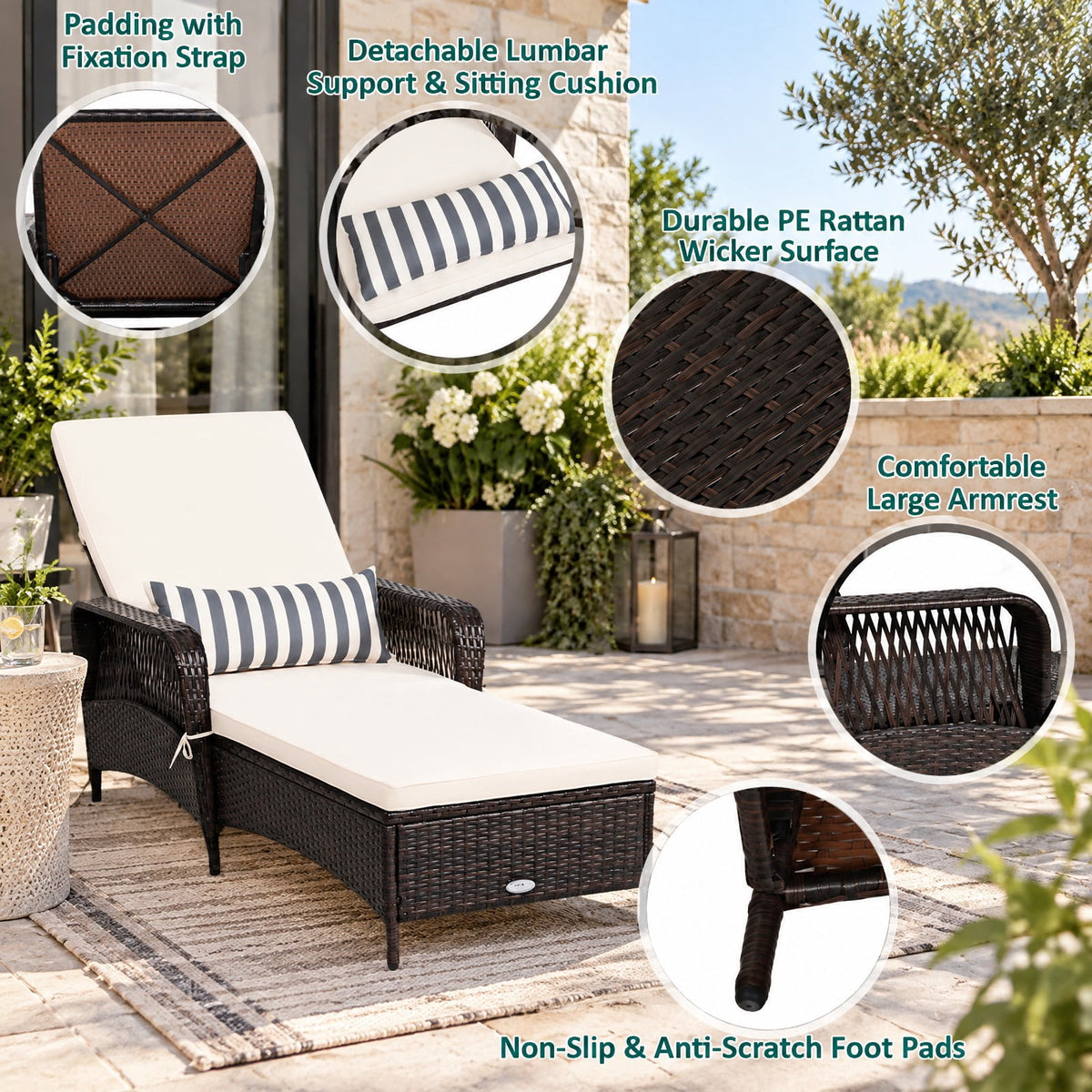 Airfind PE Rattan Chaise Lounge Chair Arm Chair Recliner Adjustable with Pillow, 400 lbs Capacity, Steel PE wicker rattan fabric foam Frame
