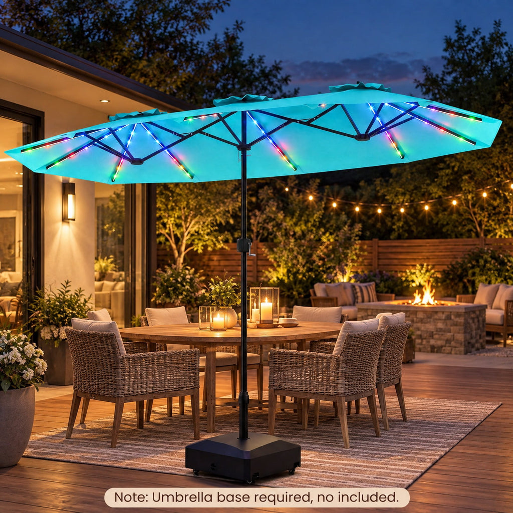 Airfind 13 FT Double-Sided Patio Umbrella with Color-Changing Flowing Solar LED Lights, Polyester Fabric Metal Frame, 13 x 7 ft Footprint, Turquoise