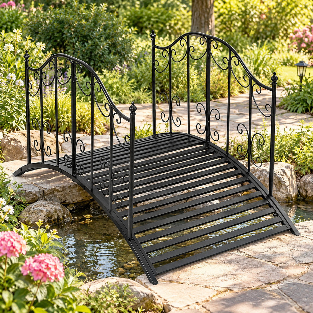 Airfind 3.9 ft Garden Metal Bridge with Dual Patterned Side Rails, 330 lbs Capacity, Metal Frame, 47 Inch x 27 Inch x 28 Inch Footprint, Black