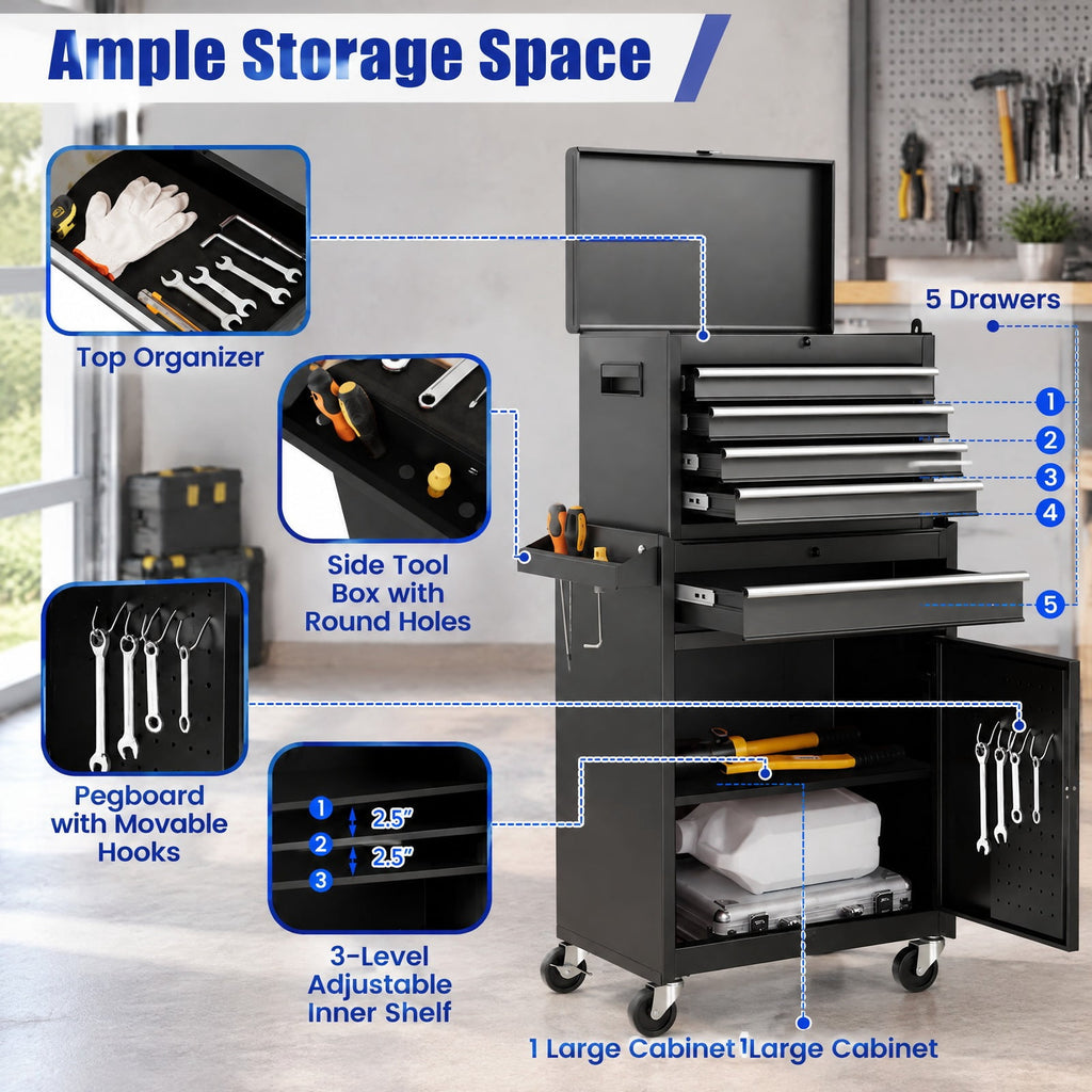 Airfind 2-in-1 Tool Chest and Cabinet with 5 Sliding Drawers, 220.5 lbs Capacity, Steel rubber-plastic synthetic Frame, Black