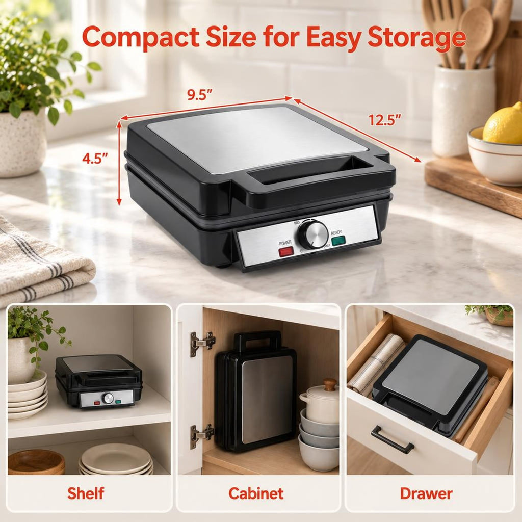 Airfind Belgian Waffle Maker 4-Slice 1200W with Browning Knob and Nonstick Plates-Black and Silver, Aluminum Frame, 12.5in x 9.5in x 4.5in Footprint