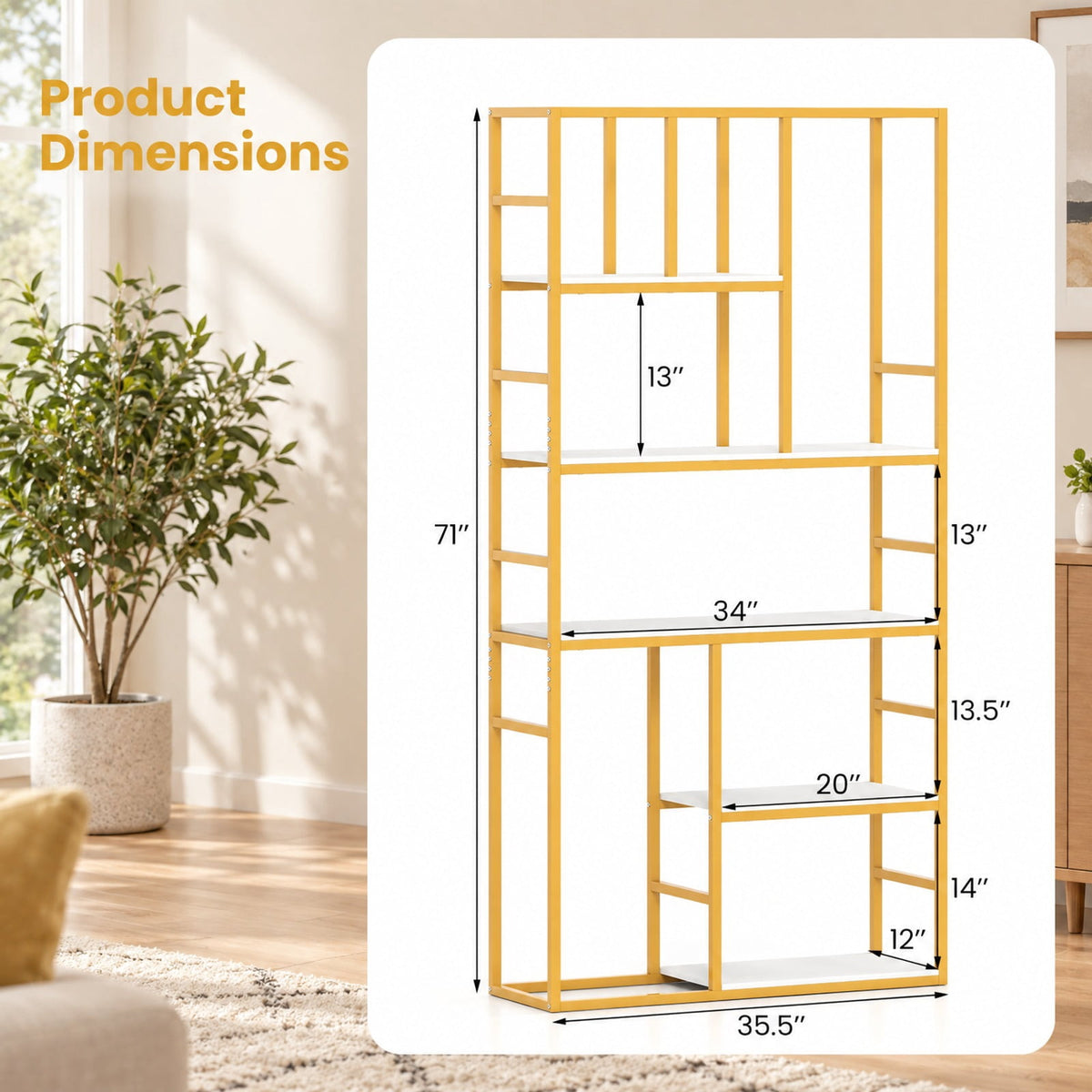 Airfind 71 Inch Tall Bookshelf Metal Frame 5-Tier Geometric Bookcase-White and Golden, 44 lbs Capacity, Metal Engineered Wood Frame, White