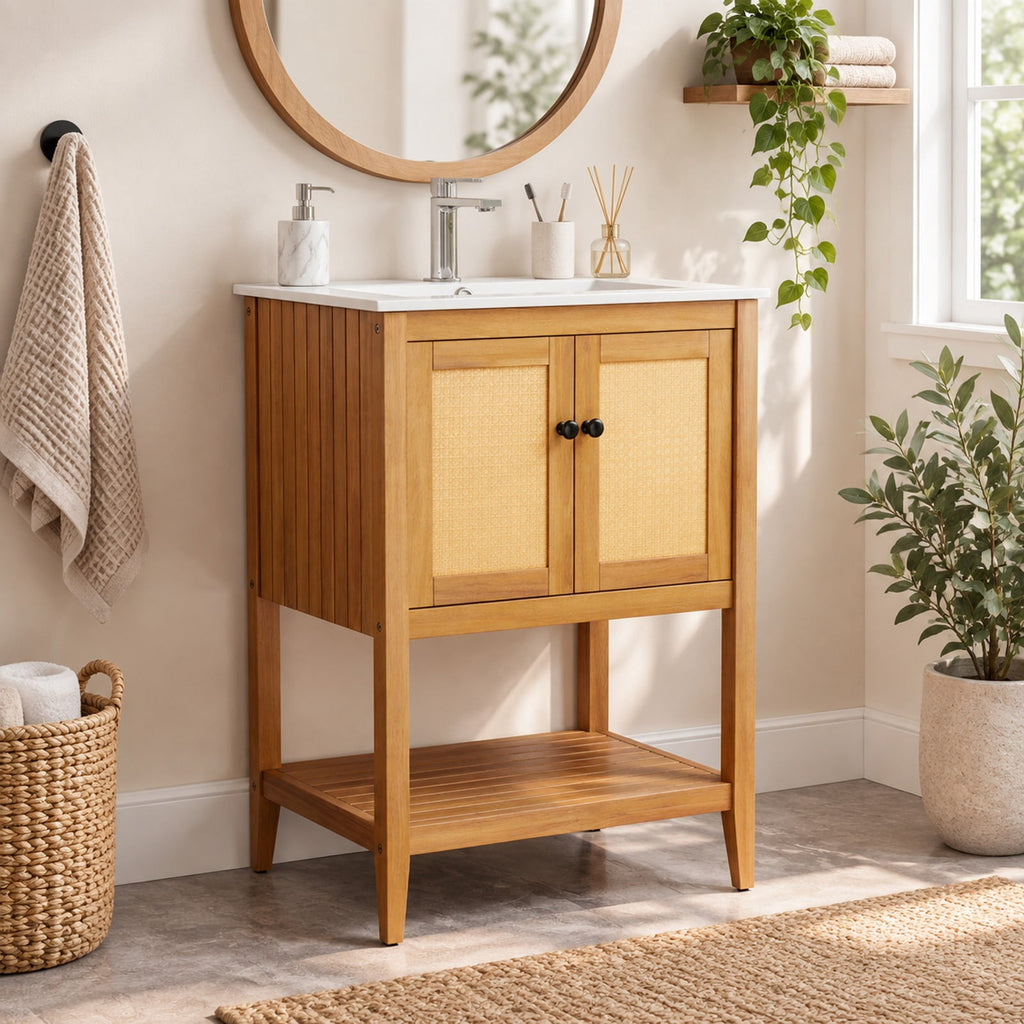 Airfind Bathroom Vanity with Ceramic Sink 2 Rattan Doors and Slatted Shelf, 70 lbs Capacity, Acacia Wood PE Rattan Ceramic Frame, White + Natural