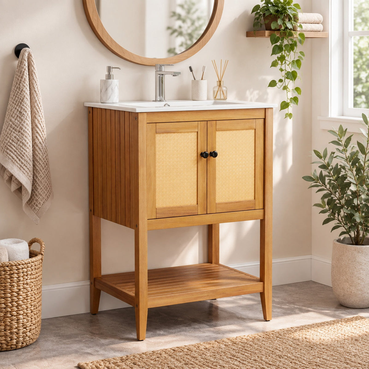 Airfind Bathroom Vanity with Ceramic Sink 2 Rattan Doors and Slatted Shelf, 70 lbs Capacity, Acacia Wood PE Rattan Ceramic Frame, White + Natural