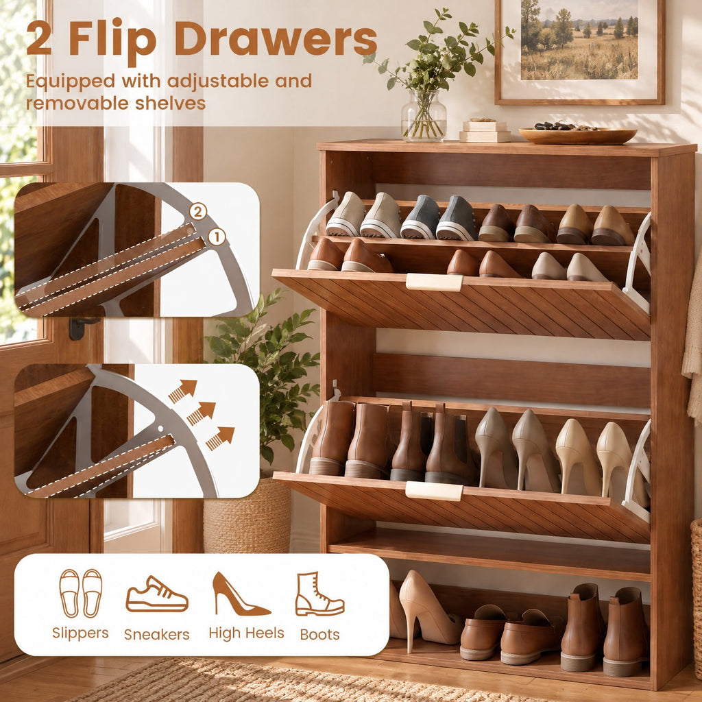 Airfind Fluted Hidden Shoe Cabinet with 2 Flip Drawers and Open Storage, 55 lbs Capacity, Engineered Wood Frame, 31.5in x 9.5in x 40in Footprint