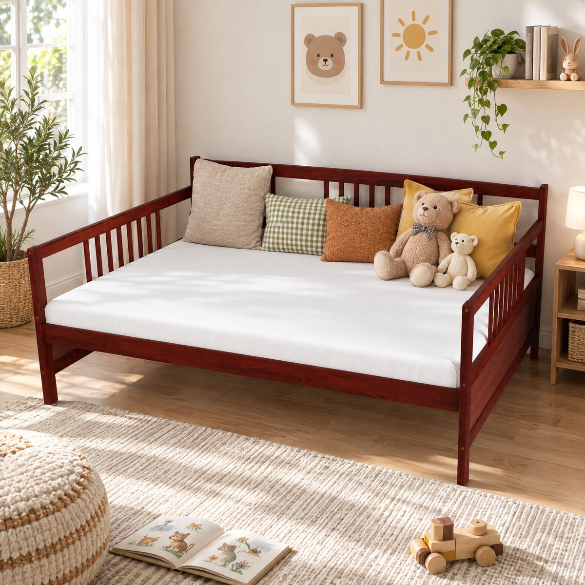 Airfind Classic Wooden Full Size Daybed Frame with Guardrails, 250 lbs Capacity, Pine wood plywood MDF Frame, Brown