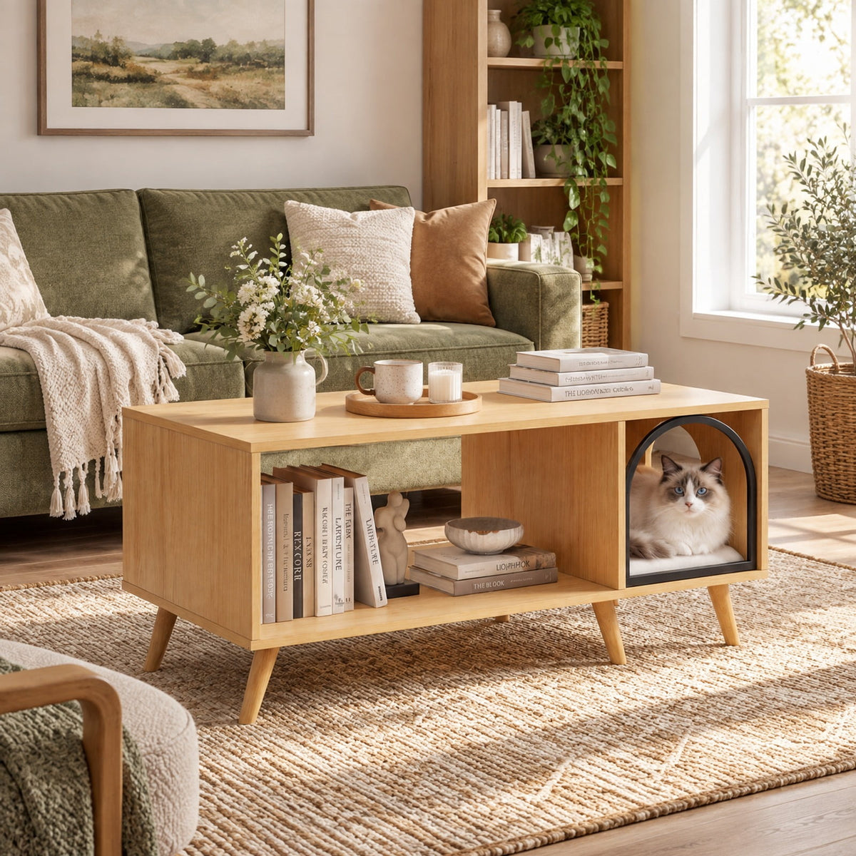 Airfind 40 Inch Coffee Table Cat House 2-in-1 Wooden Kitten Furniture with Open Storage Shelf, 88 lbs Capacity, 40 x 20 x 18 Footprint, Natural