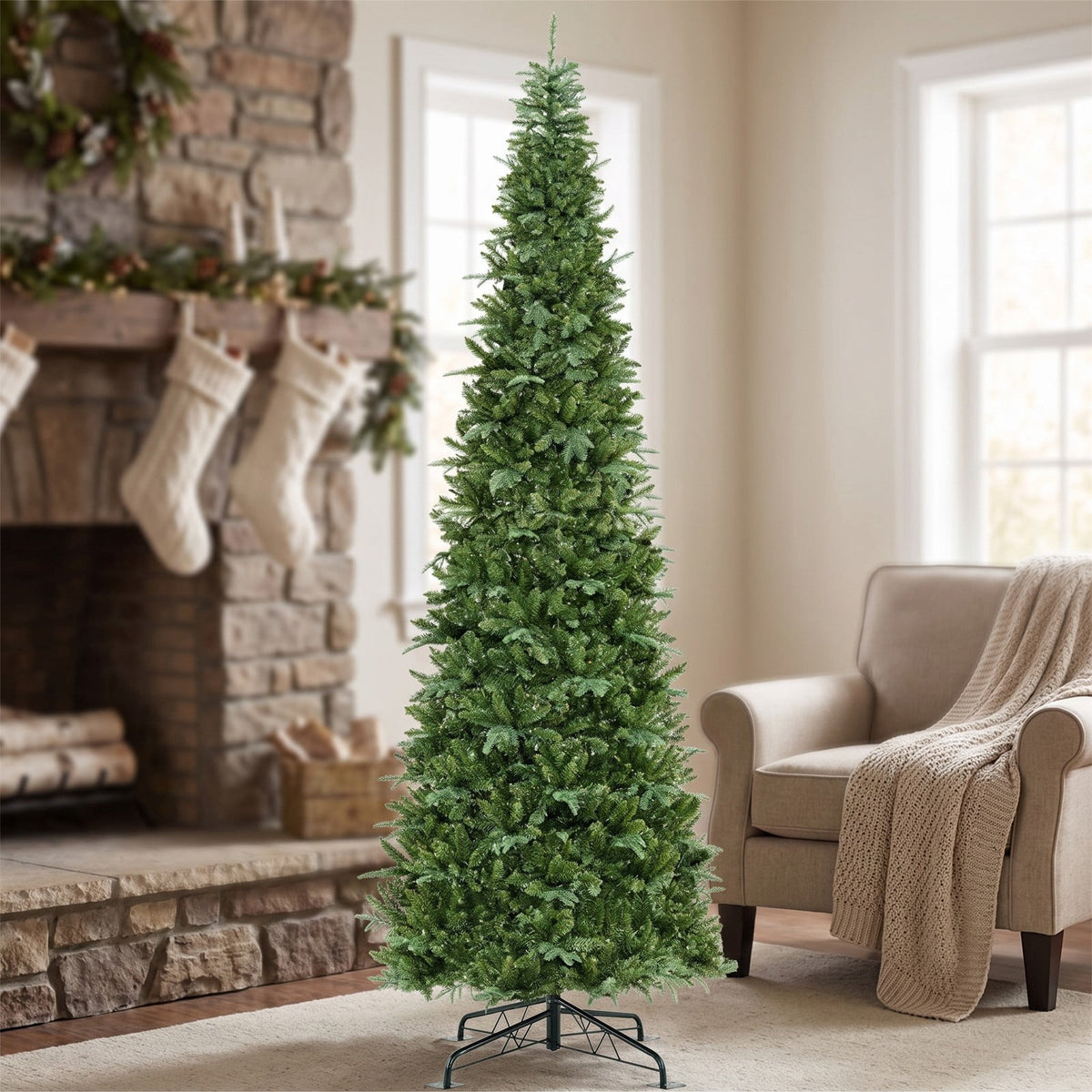 Airfind 12 Feet Tall Prelit Hinged Artificial Christmas Tree with 2517 PVC PE Branch Tips, PVC PE Metal Frame, 1.7 x 4.7 x 52 Footprint, Green