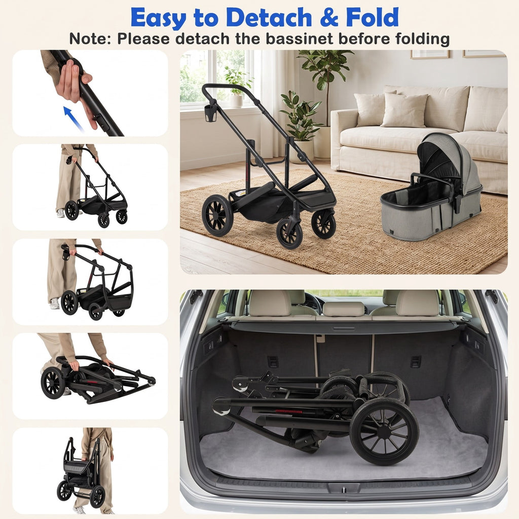AIRFIND Baby Stroller with Reversible Seat, Bassinet Mode, Adjustable Handle and Canopy, Folding Aluminum Frame, Diaper Bag and Footmuff, Gray