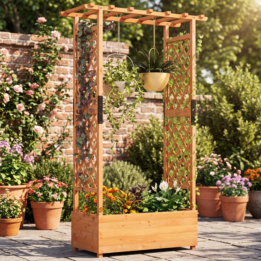 Airfind Raised Garden Bed with Arch Trellis, Fir Wood Frame, 43.5 x 17.5 x 72 (L x W x H) Interior Footprint, Orange