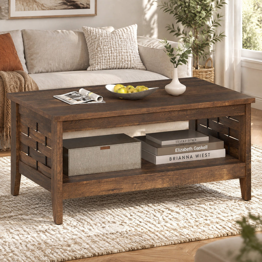 Airfind 2-Tier Farmhouse Coffee Table with Open Shelf and Woven Decorations for Living Room, 135 lbs Capacity, Engineered Wood MDF Frame, Coffee