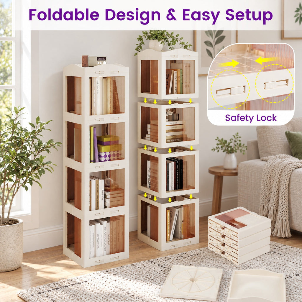 Airfind Bookshelf, 4-Tier Foldable Rotating, with Swivel Base and Translucent Panels, 22 lbs Capacity, PP ABS Frame, 14.5 Inch x 14 Inch x 56 Inch, White