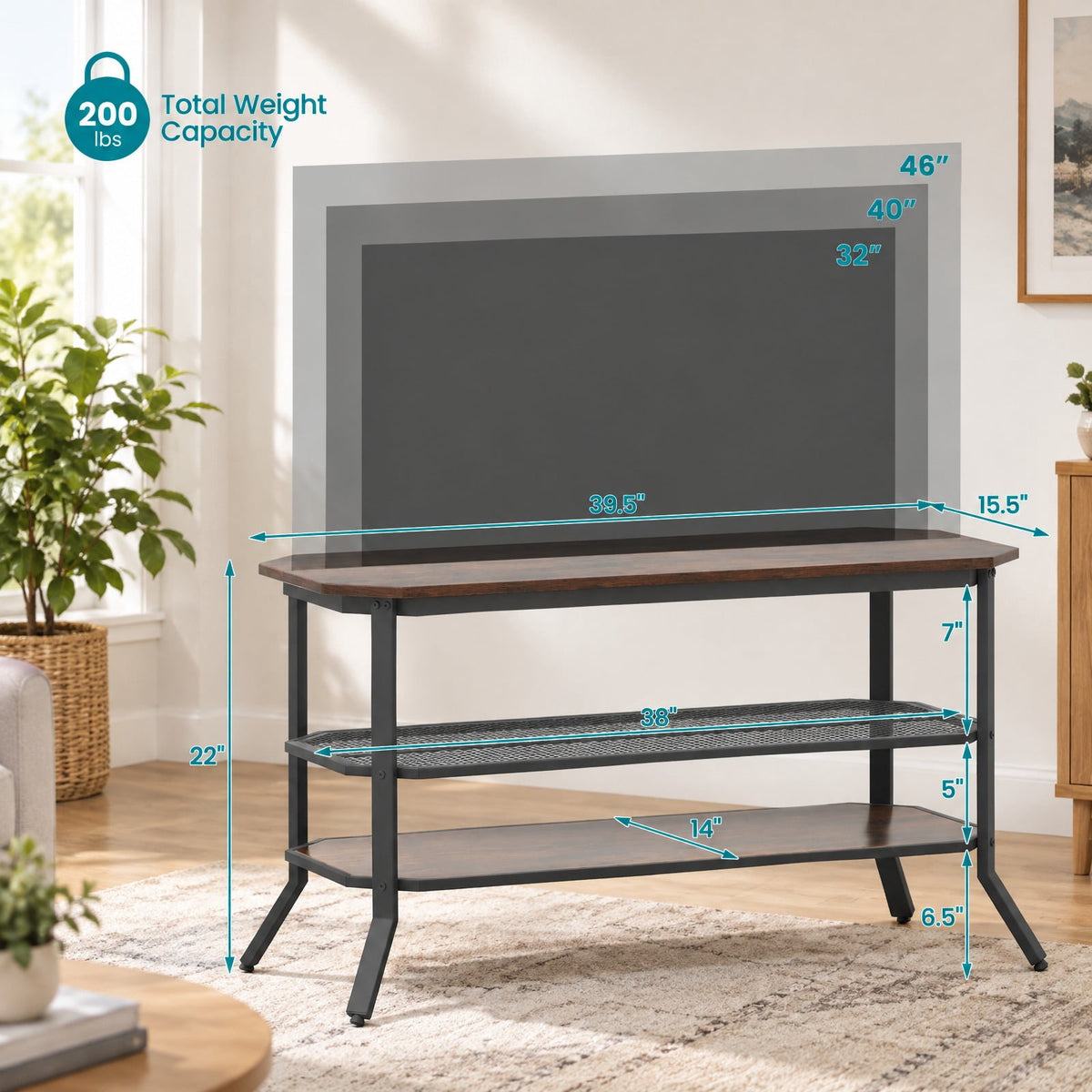 Airfind 3-tier Console Table TV Stand with Mesh Storage Shelf, 200 lbs Capacity, Engineered Wood Metal Frame, Brown