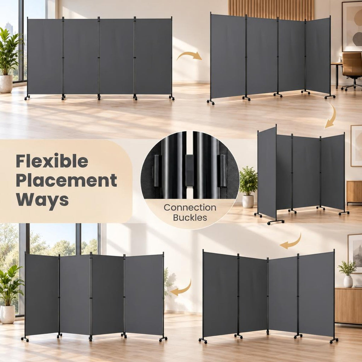 Airfind 4 Panel Folding Privacy Screen Room Divider with Wheels, Polyester Fabric Metal PP Frame, 137 x 12 x 71.5 Footprint, Grey