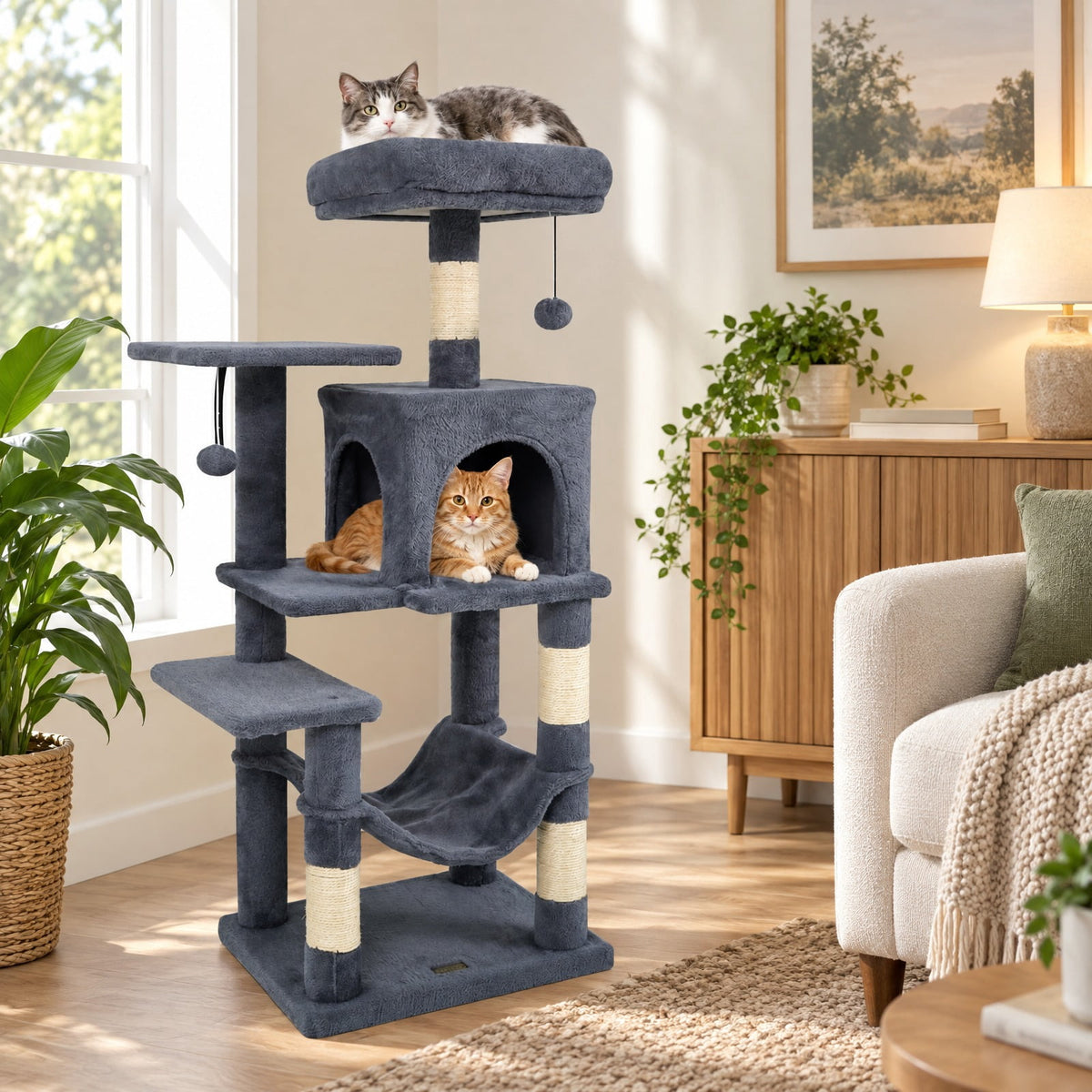 Airfind Multi-Level Cat Tower with 2-Door Condo and Padded Top Perch, PP Cotton Fabric Sisal Engineered Wood Overall Height 44 Base Frame, Gray