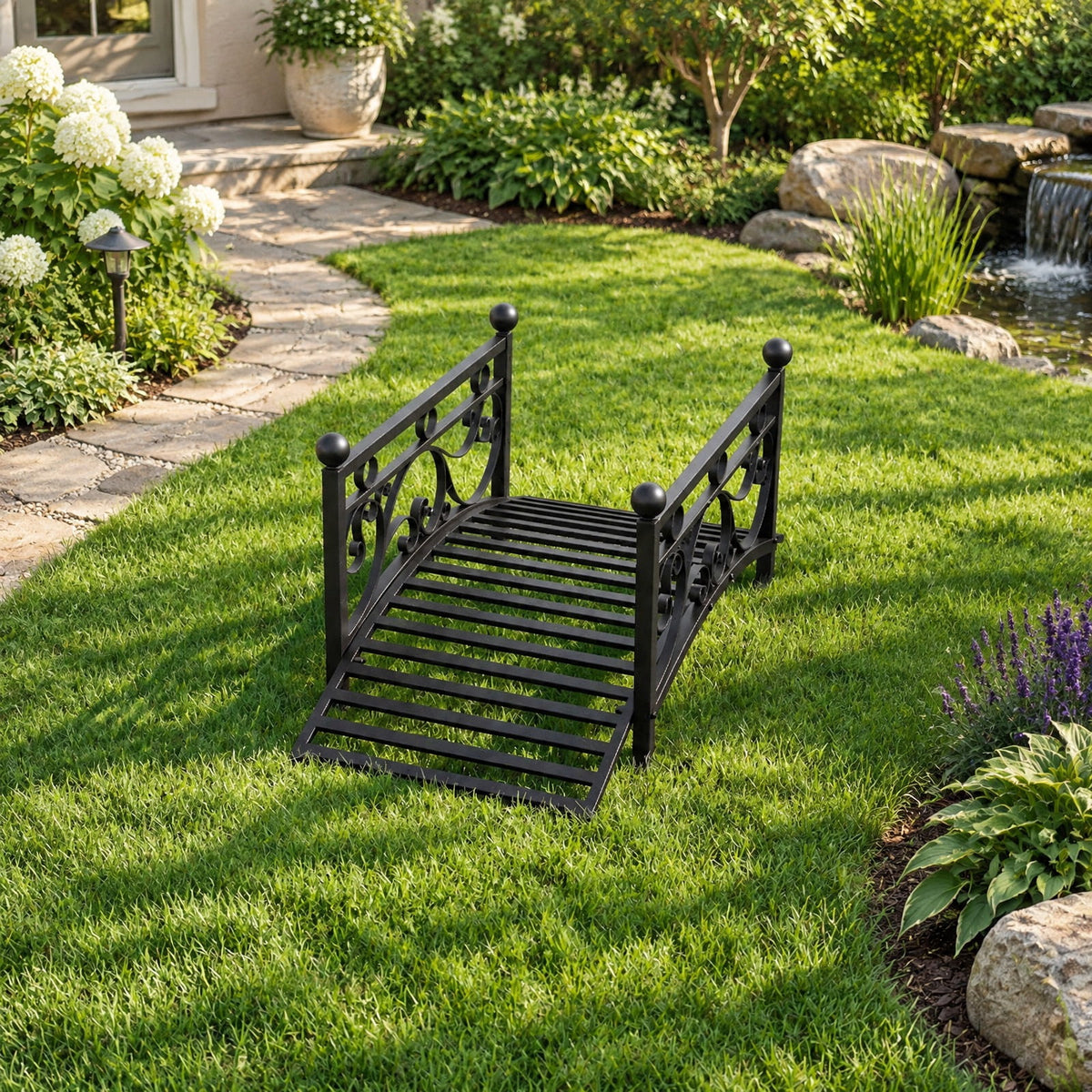 Airfind 3.3 ft Garden Metal Bridge with Dual Patterned Side Rails, 330 lbs Capacity, Metal Frame, 40 x 18 x 17 Footprint, Black