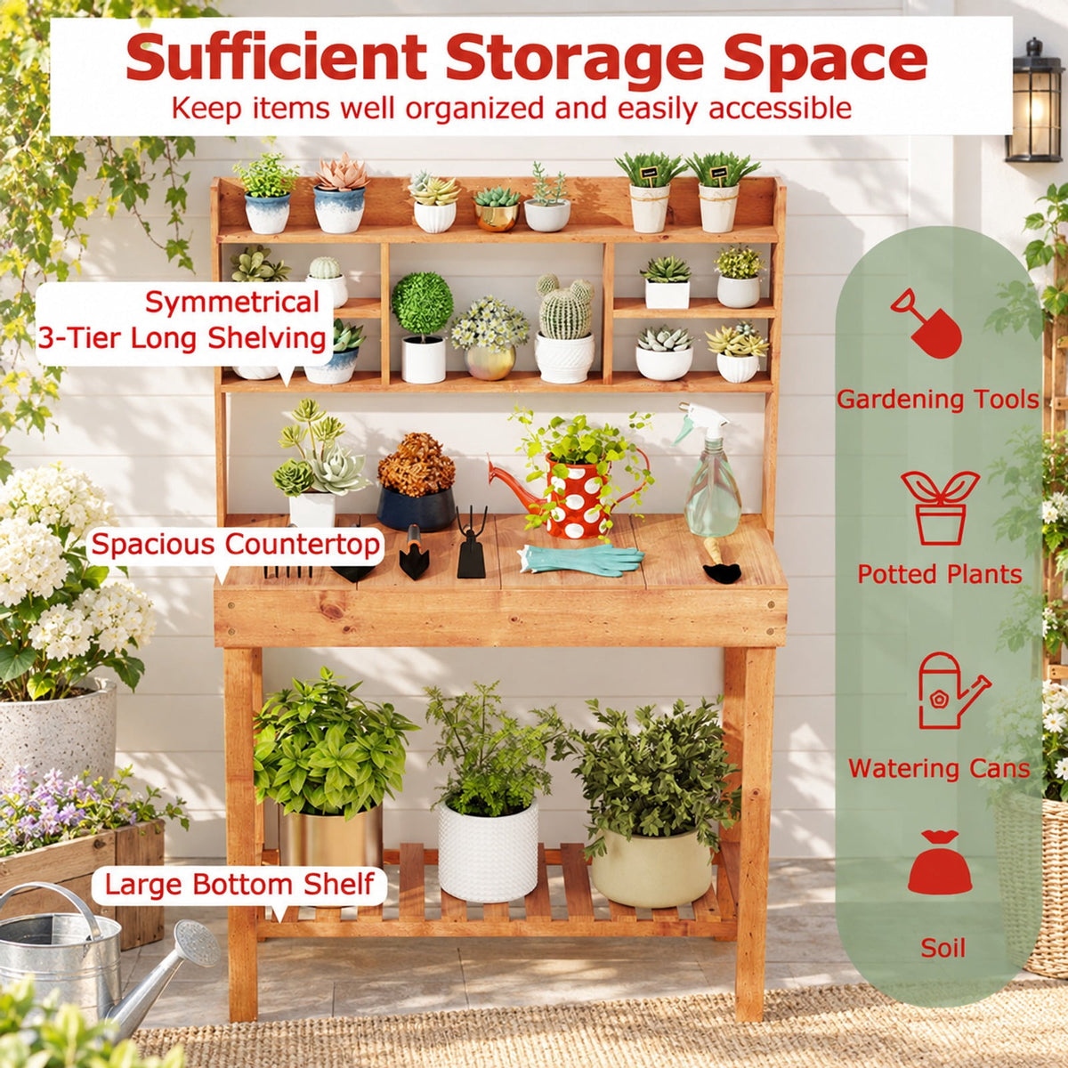 Airfind Wooden Potting Bench Table Garden Planting Workstation with 3-Tier Open Shelf, 22 lbs Capacity, Fir Wood Frame, Brown