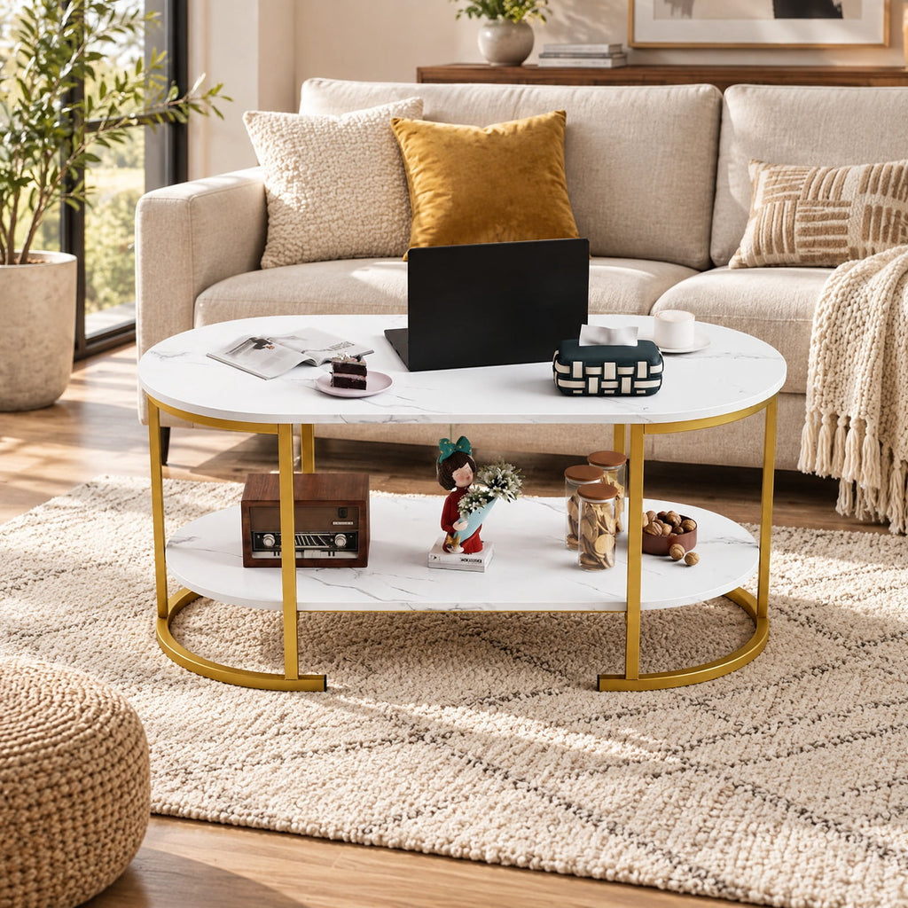 Airfind Oval Coffee Table 2-Tier Wooden Accent Table with Spacious Tabletop and Open Storage Shelf, Engineered Board Metal Frame, White