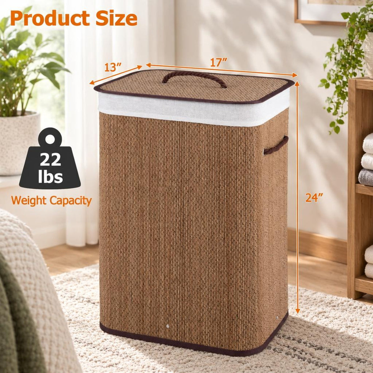 Airfind 19 Gal Capacity Bamboo Clothes Hamper with Removable Liner and Portable Handles, 22 lbs Capacity, 16.5 x 12.5 x 24 Footprint, Brown