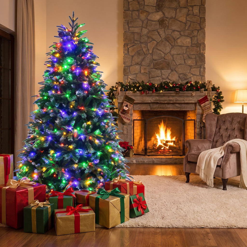 Airfind Pre-Lit Snowy Christmas Hinged Tree with Flash Modes and Multi-Color Lights-6 ft, PE PVC iron Height: 5 ft Base: 3.3 ft Frame, Green