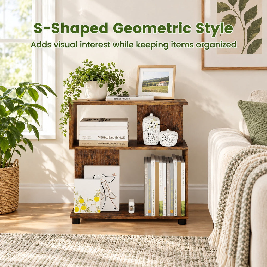 Airfind 3-Tier Modern S-shaped Bookshelf with Adjustable Feet, 135 lbs Capacity, Engineered Wood Frame, Brown