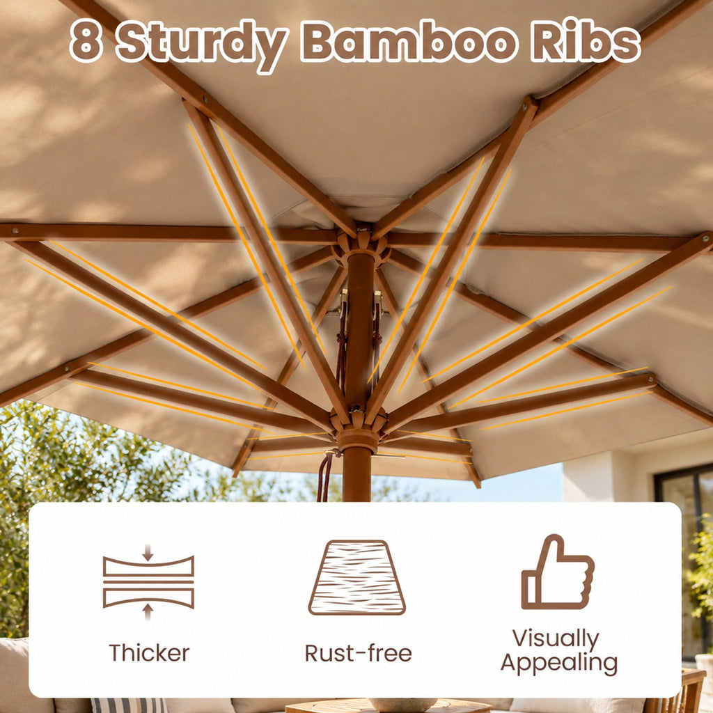 Airfind 9 FT Patio Umbrella Outdoor Table Market Umbrella with 8 Sturdy Bamboo Ribs, Polyester Fabric Bamboo Umbrella Frame, Brown