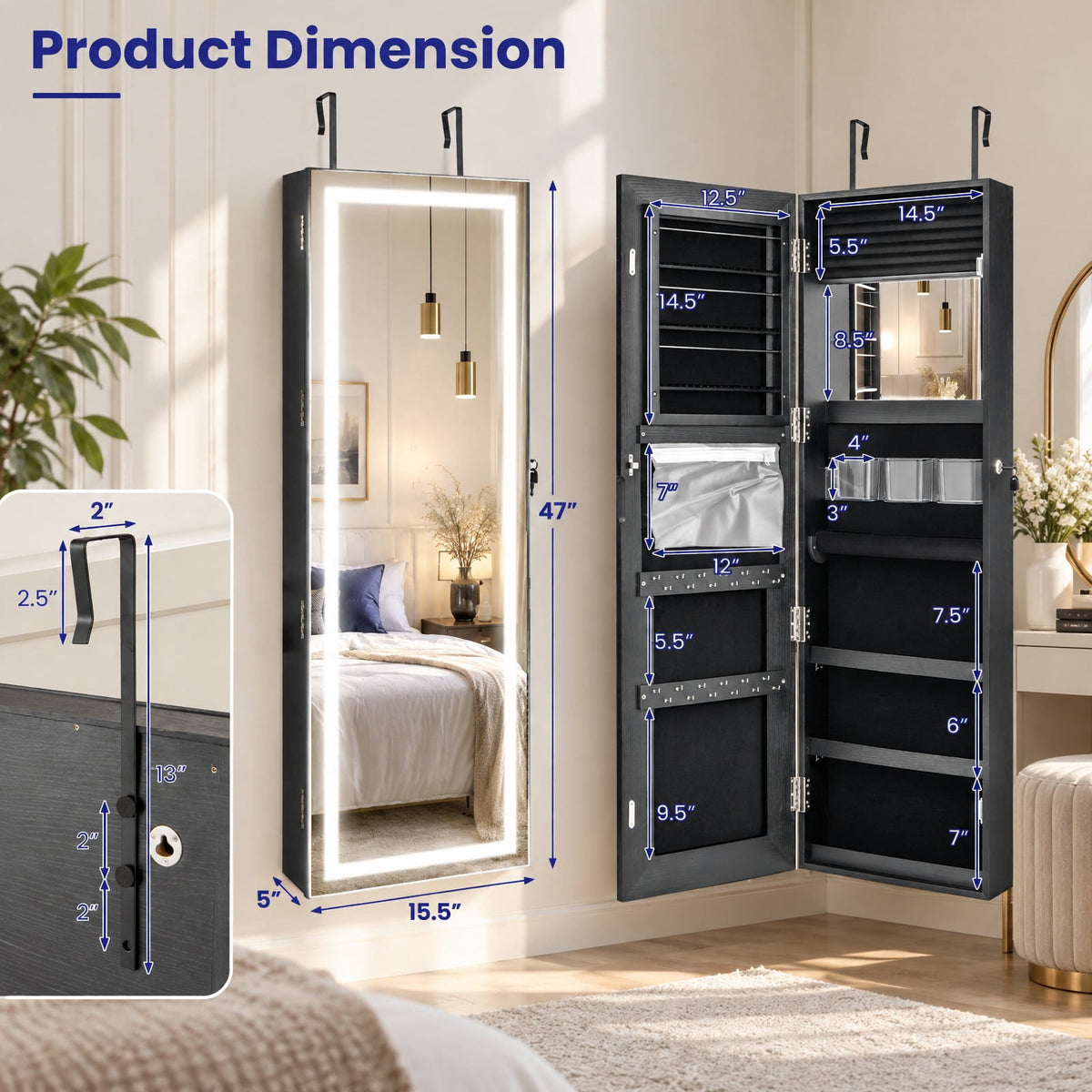 Airfind Mirrored Jewelry Armoire featuring Full Length Mirror and 2 Internal LED Lights, MDF Frame, 15.5 Inch x 5 Inch x 47 Inch (L x W x H) Hook Footprint, Black