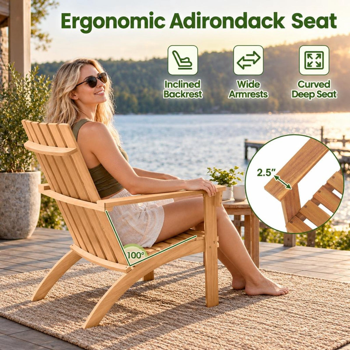 Airfind Outdoor Durable Patio Acacia Wood Adirondack Lounge Armchair, 350 lbs Capacity, Acacia wood Frame, Natural