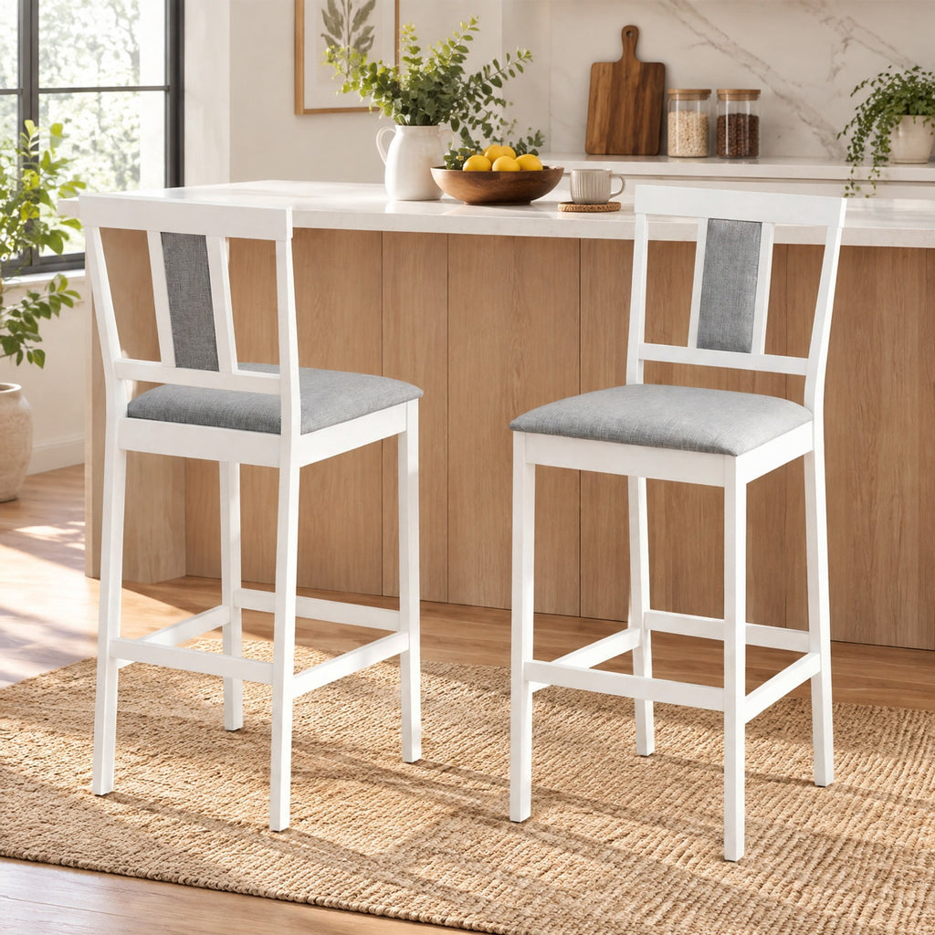 Airfind Set of 2 Upholstered Barstool 29.5 Inch Bar Height with Solid Rubber Wood Frame, 300 lbs Capacity, White