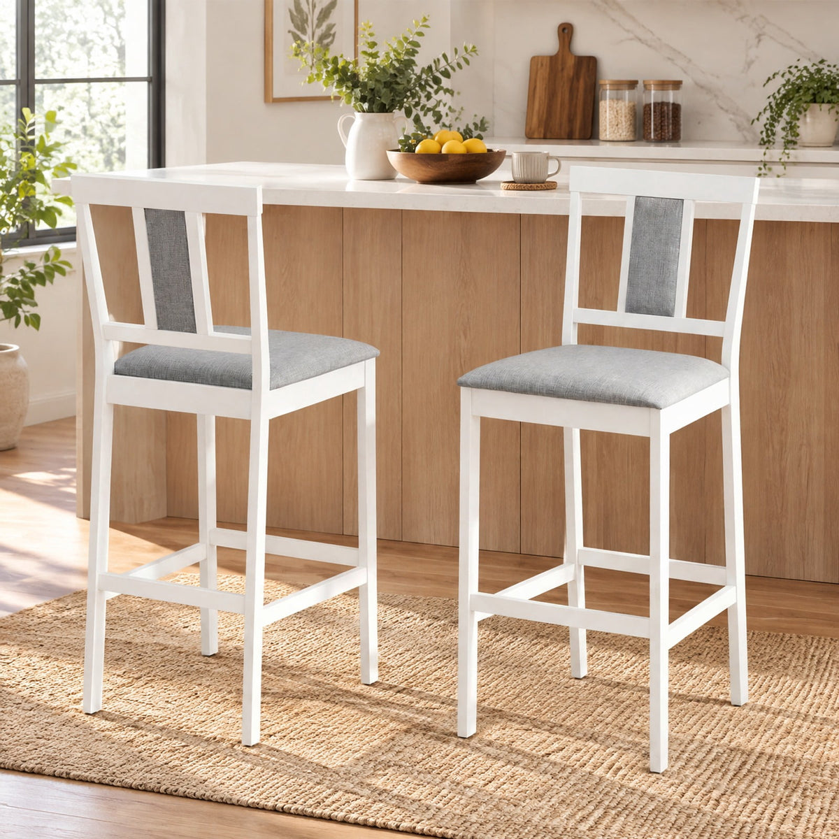 Airfind Set of 2 Upholstered Barstool 29.5 Inch Bar Height with Solid Rubber Wood Frame, 300 lbs Capacity, White