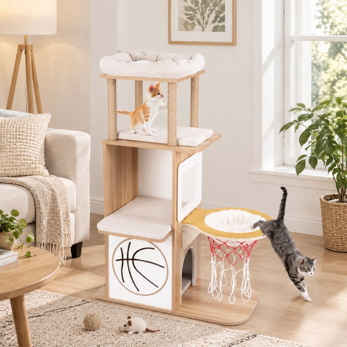 Airfind 47 Inches Wooden Cat Tree with 2-Story Cat Condo and Basketball Hoop Hammock, 31in x 15in x 47inTop Perch Footprint, Natural