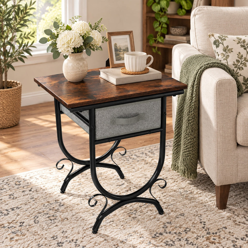 Airfind Side Table with Fabric Drawer and Carved Metal Frame for Living Room, 88 lbs Capacity, Engineered Wood Metal Fabric Frame, Black Gray