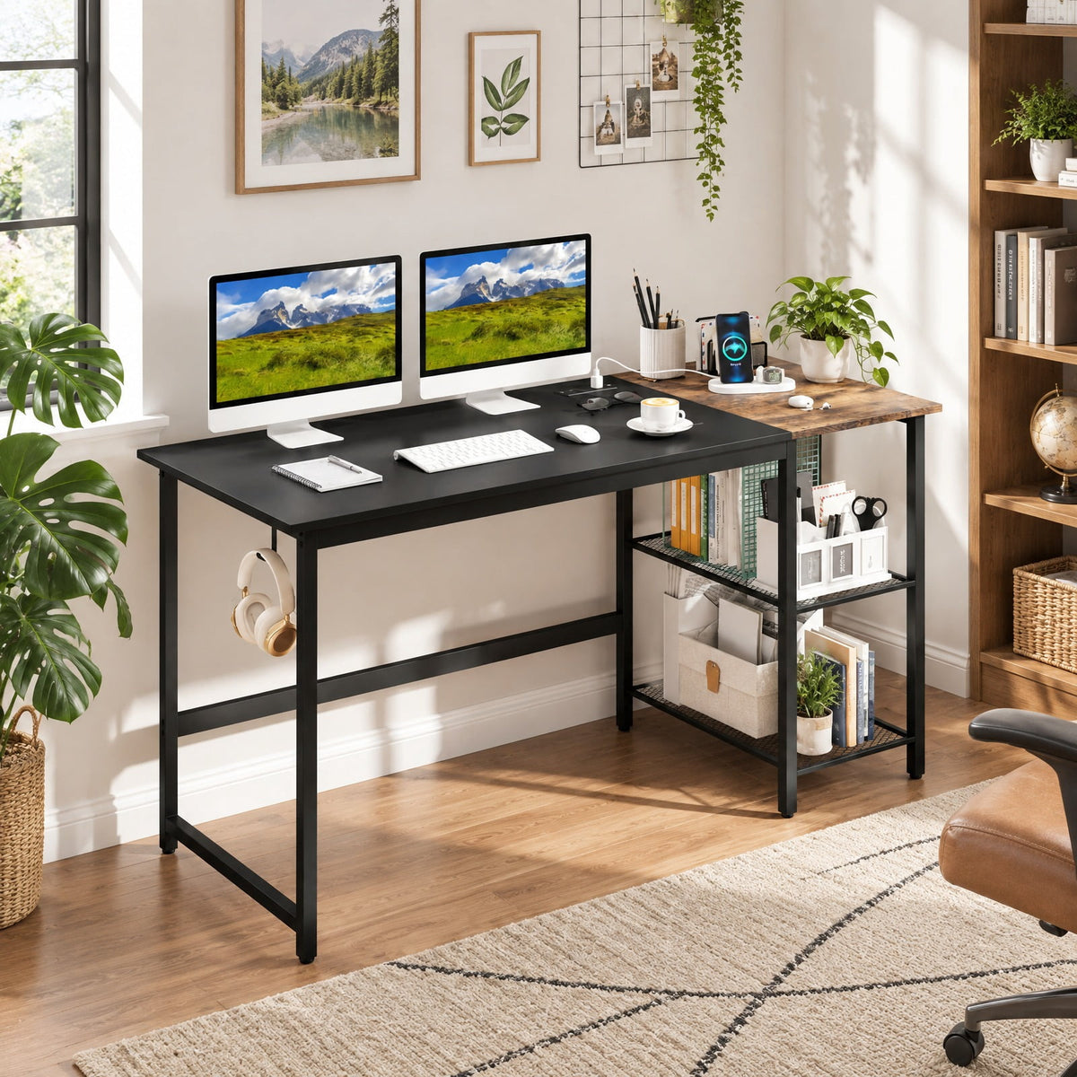 Airfind 59 Inch Home Office Computer Desk with Removable Storage Shelves, 275 lbs Capacity, Metal Engineered Wood Frame, 59 x 24 x 30 Footprint