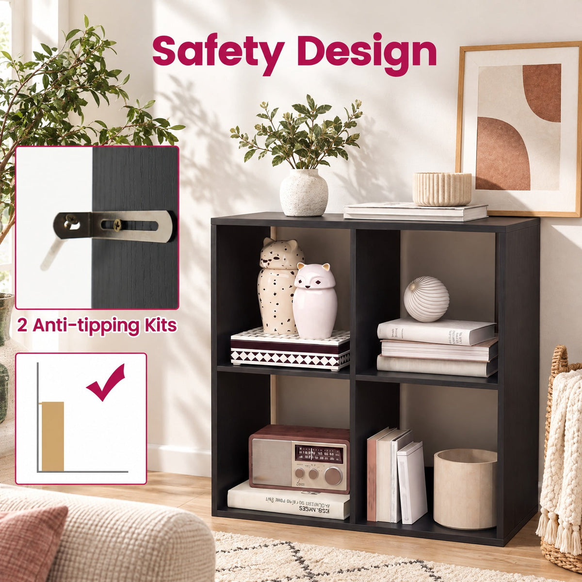 Airfind 4 Cube Bookshelf with Back Guardrail for Living Room Bedroom, 100 lbs Capacity, Engineered Wood Frame, 27.5 x 13 x 27.5 Footprint, Black