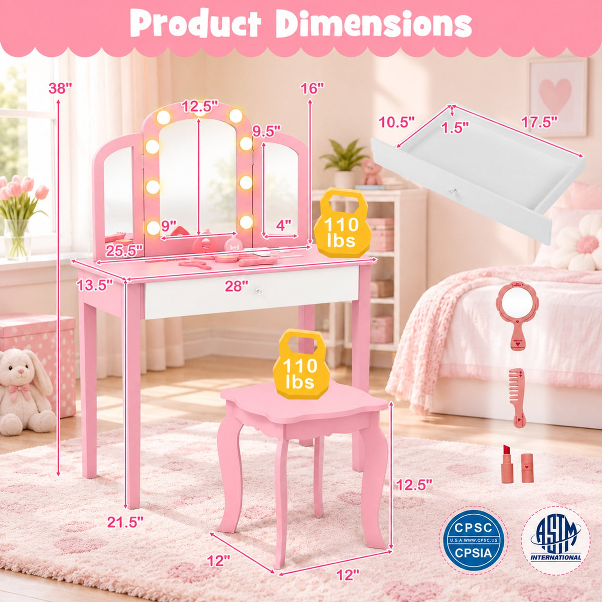 Airfind 2-in-1 Kids Vanity Table Set with Tri-Folding Detachable Mirror and Lights, 110 lbs Capacity, MDF Pine Wood Acrylic Frame, Footprint, Pink