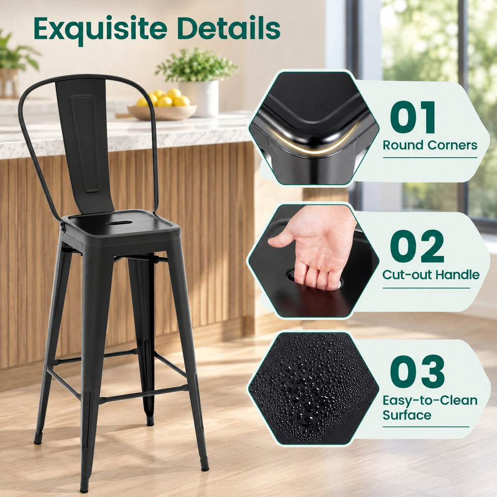 Airfind Set of 4 Bar Height Chairs Stackable Metal Bar Stools with Removable Backrest, Metal Frame, 18 Inch x 20.5 Inch x 46 Inch Footprint, Black