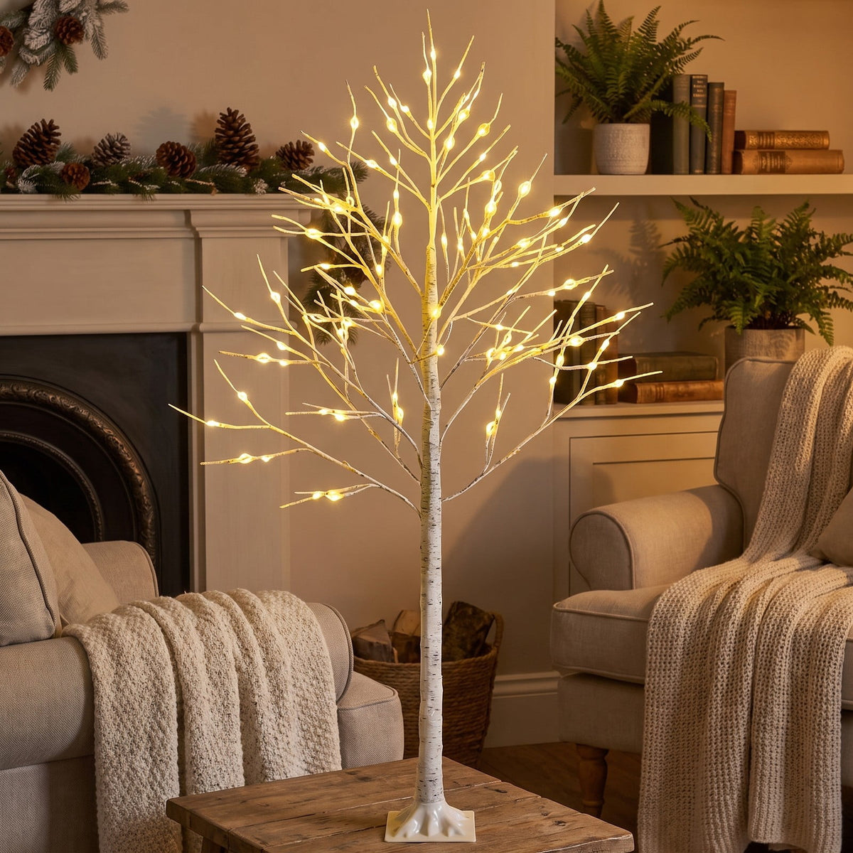 Airfind Pre-lit White Twig Birch Tree for Christmas Holiday with LED Lights-6 ft, metal plastic Height: 4/5/6 ft Frame, White