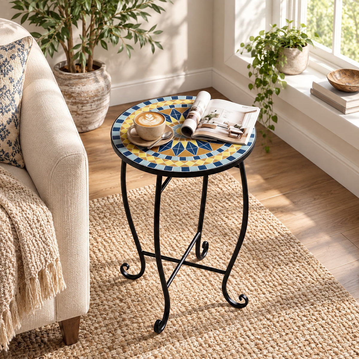 Airfind 14 Inch Floral Clover/Blooming Lotus/Bright Sunflower Mosaic Patio Accent Coffee End Table, 35 lbs Capacity, Metal Frame, 14 Inch x 20 Inch Footprint