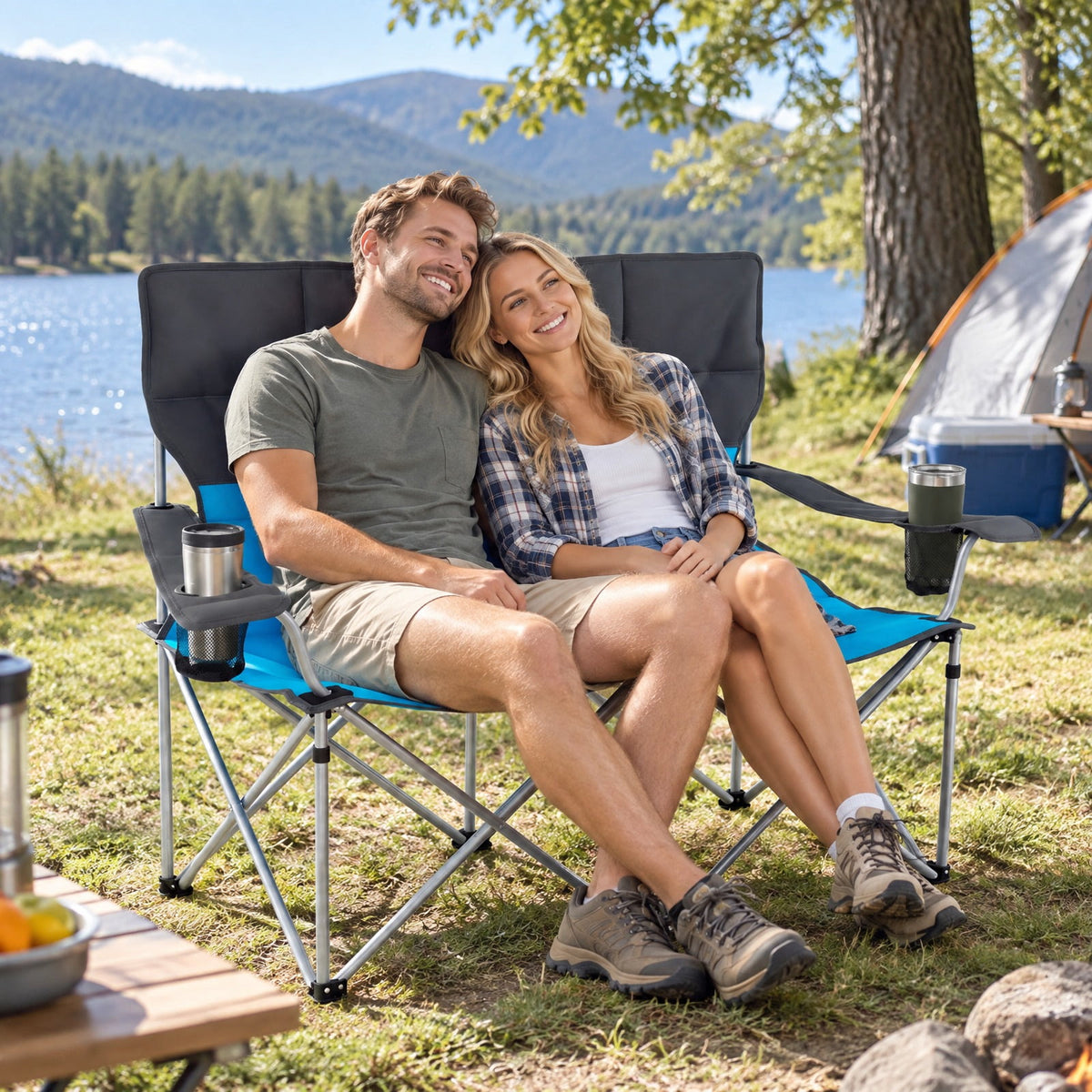 Airfind Double Camping Chair with Carry Bag Cup Holders, 660 lbs Capacity, Metal Oxford Fabric Sponge, 40 Inch x 20.5 Inch x 36.5 Inch , Blue